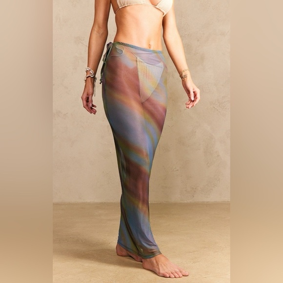 PrettyLittlleThing Brown and Blue Bikini Coverup Maxi Skirt Sheer Nwt - Picture 4 of 7